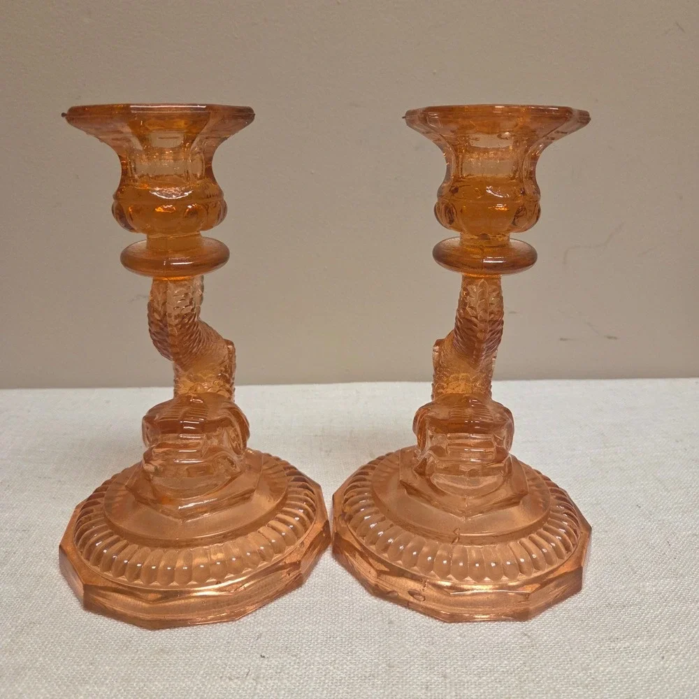Vintage Pink Depression Glass Koi Fish Candlestick Holders Pair